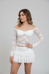 Ensemble Femme Top en dentelle épaules dénudées manches longues et jupe courte à volants superposés | Dressie Dress