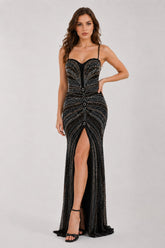 Femme Robe longue cristalline ultra brillante - décolleté cœur façon bustier fines bretelles - coupe moulante gainante et fente devant | Dressie Dress