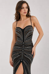 Femme Robe longue cristalline ultra brillante - décolleté cœur façon bustier fines bretelles - coupe moulante gainante et fente devant | Dressie Dress