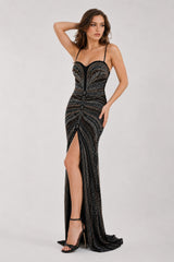 Femme Robe longue cristalline ultra brillante - décolleté cœur façon bustier fines bretelles - coupe moulante gainante et fente devant | Dressie Dress