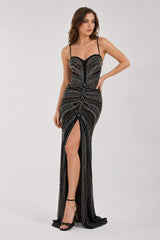 Femme Robe longue cristalline ultra brillante - décolleté cœur façon bustier fines bretelles - coupe moulante gainante et fente devant | Dressie Dress