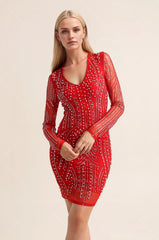 Femme Robe de fête moulante à manches longues avec motif cristallin sculptant – Met en valeur la silhouette | Dressie Dress