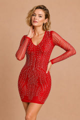 Femme Robe de fête moulante à manches longues avec motif cristallin sculptant – Met en valeur la silhouette | Dressie Dress