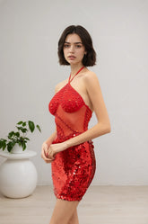 Robe courte moulante dos-nu à col tour de cou & buste et jupe entièrement pailletés avec empiècement en tulle – Robe cristalline brillante | Dressie Dress
