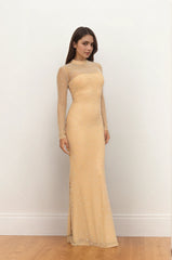 Robe longue sirène à col montant et manches longues - entièrement ornée de strass – Robe cristalline brillante | Dressie Dress