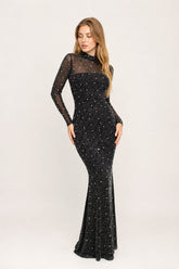 Robe longue sirène à col montant et manches longues - entièrement ornée de strass – Robe cristalline brillante | Dressie Dress