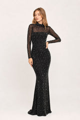Robe longue sirène à col montant et manches longues - entièrement ornée de strass – Robe cristalline brillante | Dressie Dress