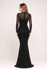 Robe longue sirène à col montant et manches longues - entièrement ornée de strass – Robe cristalline brillante | Dressie Dress