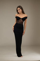 Robe longue épaules dénudées avec bustier en dentelle transparente et jupe fluide ajustée – Robes de fête | Dressie Dress