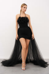 Femme Robe habillée courte froncée avec bustier fleurs 3D et longue traîne amovible en tulle | Dressie Dress