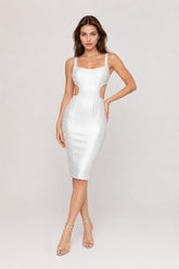 Robe bandage mi-longue à bretelles larges, encolure carrée et découpes à la taille, finition métallisée, Dressie Dress