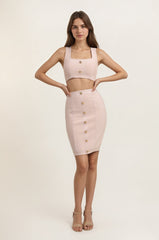 Ensemble bandage top sans manches à col carré et jupe crayon mi-cuisses boutonnée devant | Dressie Dress