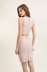 Ensemble bandage top sans manches à col carré et jupe crayon mi-cuisses boutonnée devant | Dressie Dress