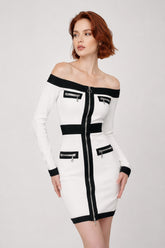Robe bandage courte à épaules dénudées, zip central et empiècements contrastés, fausses poches zippées, Dressie Dress.