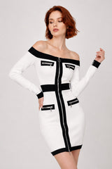 Robe courte bandage Dressie Dress à épaules dénudées, zip central et empiècements contrastés, fausses poches zippées.