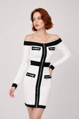 Robe bandage courte à épaules dénudées, zip central et empiècements contrastés, fausses poches zippées, Dressie Dress.