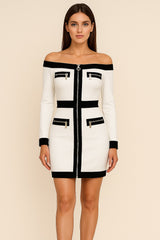 Robe bandage courte à épaules dénudées zip central et empiècements contrastés avec fausses poches zippées | Dressie Dress