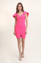 Robe bandage moulante avec décolleté cœur découpe en tulle manches effet cape boutons bijoux et fente devant – Look sexy | Dressie Dress