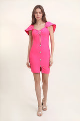 Robe bandage moulante avec décolleté cœur découpe en tulle manches effet cape boutons bijoux et fente devant – Look sexy | Dressie Dress