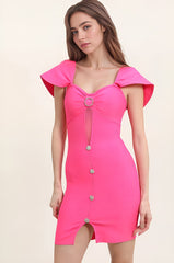 Robe bandage moulante avec décolleté cœur découpe en tulle manches effet cape boutons bijoux et fente devant – Look sexy | Dressie Dress