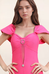 Robe bandage moulante avec décolleté cœur découpe en tulle manches effet cape boutons bijoux et fente devant – Look sexy | Dressie Dress