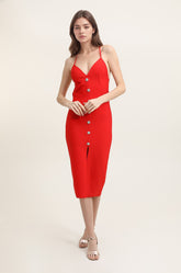 Robe bandage mi-longue moulante à bretelles fines décolleté V dos nu à liens boutons bijoux et fente devant | Dressie Dress