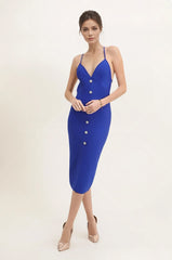 Robe bandage mi-longue moulante à bretelles fines décolleté V dos nu à liens boutons bijoux et fente devant | Dressie Dress