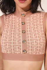 Ensemble bandage top court sans manches + jupe courte taille haute en maille jacquard boutons métal décoratifs – Coupe moulante | Dressie Dress