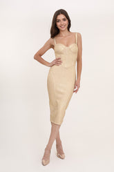 Robe bandage midi moulante à bretelles avec décolleté bustier et fini métallisé | Dressie Dress