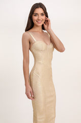 Robe bandage midi moulante à bretelles avec décolleté bustier et fini métallisé | Dressie Dress