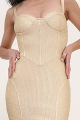 Robe bandage midi moulante à bretelles avec décolleté bustier et fini métallisé | Dressie Dress