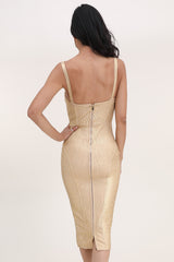 Robe bandage midi moulante à bretelles avec décolleté bustier et fini métallisé | Dressie Dress