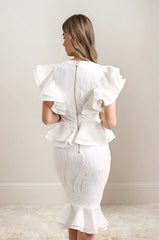 Women's Deep V-Neck Shaping Bandage Dress - Ruffled Sleeves + Ruffled Pebble and Mermaid Hem | Dressie Dress