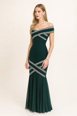 Robe bandage longue style sirène à épaules dénudées avec bandes croisées décoratives | Dressie Dress