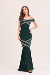 Robe bandage longue sirène à épaules dénudées avec bandes croisées décoratives, robe élégante de la marque Dressie Dress, couleur verte.