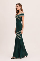 Robe bandage longue sirène à épaules dénudées avec bandes croisées décoratives, couleur verte, dressie dress.