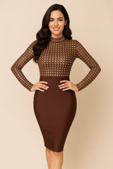 Robe bandage mi-longue moulante avec haut en résille transparente et clous scintillants | Dressie Dress