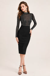 Robe bandage mi-longue moulante avec haut en résille transparente et clous scintillants | Dressie Dress