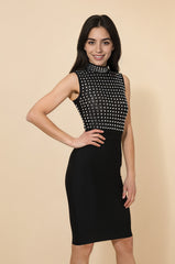 Robe bandage noire midi haut transparent décoré de strass carrés et jupe crayon taille haute | Dressie Dress