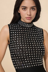 Robe bandage noire midi haut transparent décoré de strass carrés et jupe crayon taille haute | Dressie Dress