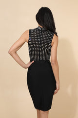 Robe bandage noire midi haut transparent décoré de strass carrés et jupe crayon taille haute | Dressie Dress
