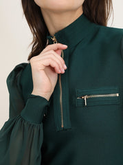 Femme Top ajusté à col montant zippé avec manches longues en voile et poches poitrine zippées | Dressie Dress