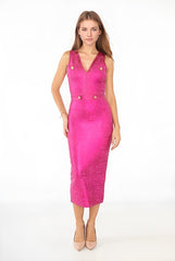 Robe bandage midi scintillante sans manches à décolleté V et boutons dorés – Coupe moulante | Dressie Dress