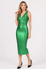 Robe bandage midi verte sans manches avec décolleté en V et boutons dorés, coupe moulante, marque Dressie Dress.