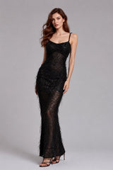 Femme Robe de fête longue en tulle brodé de sequins avec chaînes de perles et fente dos – Robe brillante | Dressie Dress