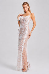 Femme Robe de fête longue en tulle brodé de sequins avec chaînes de perles et fente dos – Robe brillante | Dressie Dress