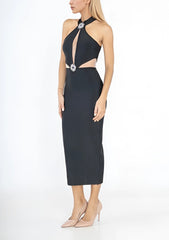 Robe midi bandage avec col tour de cou profonde ouverture en tulle et découpes latérales ornée de médaillons strass | Dressie Dress