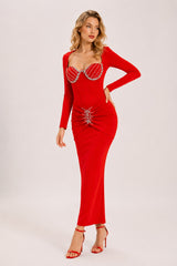Robe bandage moulante pour femme avec manches longues, bonnets cœur strassés, fronces à la taille et bijou central, élégante Dressie Dress