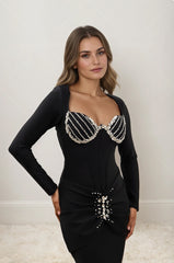 Figurbetontes Bandagenkleid für Damen mit langen Ärmeln, Strass-Herzausschnitt, Raffungen in der Taille und zentralem Schmuckstein – Elegantes Kleid | Dressie Dress