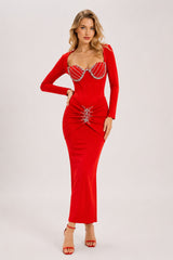 Robe bandage moulante pour femme Dressie Dress, manches longues, détails cœur strassés et fronces à la taille, bijou central élégante.